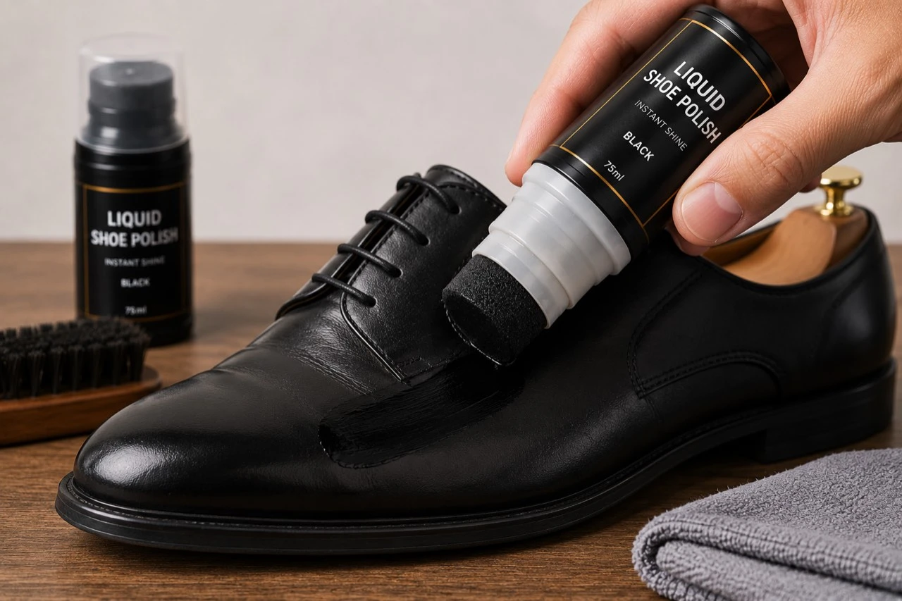 Applying a thin layer of liquid shoe polish